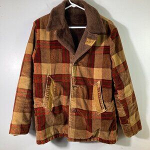 Mens Vintage 70s Plaid Corduroy Faux‎ Fur Jacket Thrashed Brown Red M Flaw